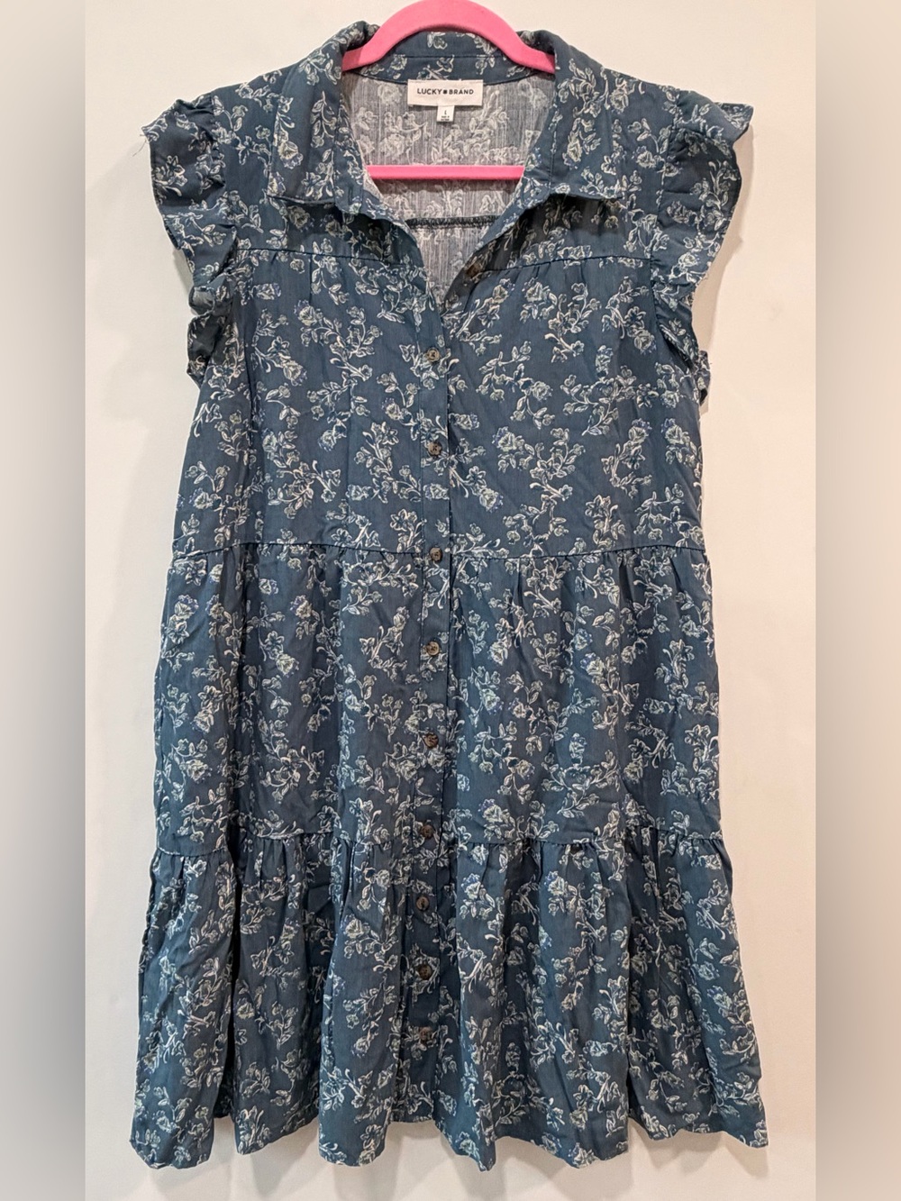 Lucky Brand Blue White Floral Ruffle Sleeve Tiered Button Down Shirt Dress L